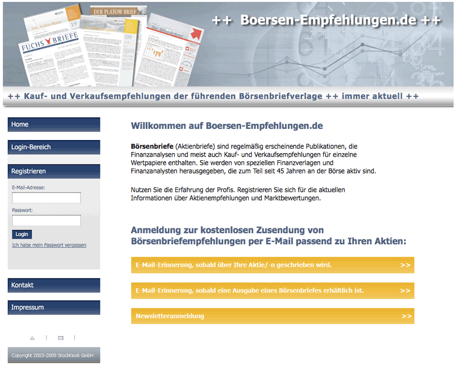 Kostenloser Informationsdienst für Ihre Aktien online!